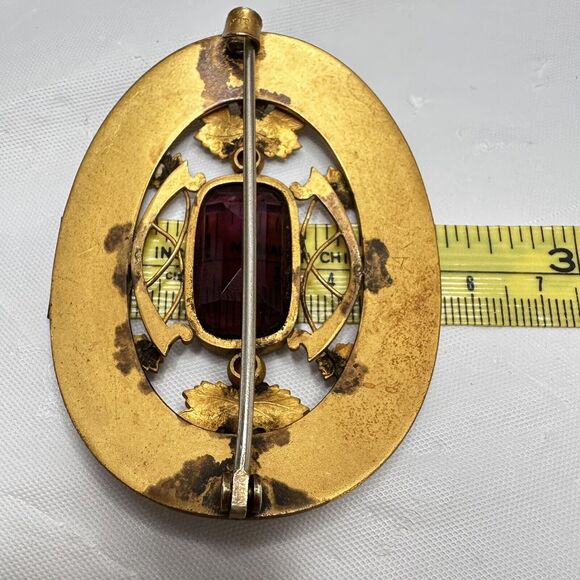 Art Nouveau Sash Pin Brooch Autumn Leaf design Amethyst Glass George L Paine Co - Picture 16 of 16